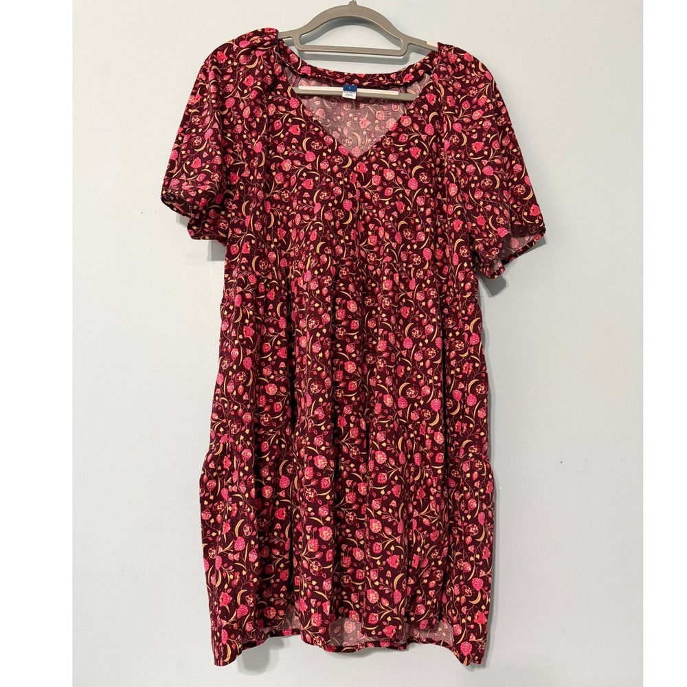 Old Navy Women's L Burgundy Pink Floral V-Neck Tiered Babydoll Mini Dress 2160